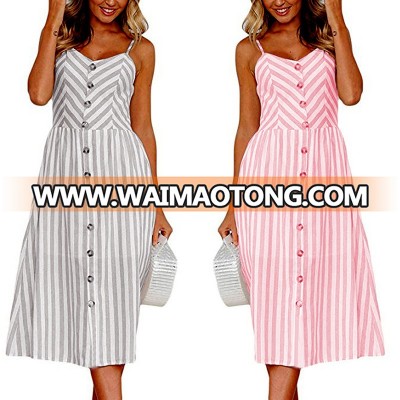 2018 Hot Design Popular Stripe Button Boho Bohemian Summer Dress For mature woman