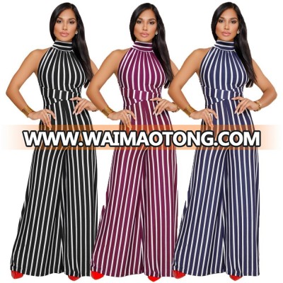 Wholesale Women's Blackless halter Printing Stripe Wide Leg Fashion Jumpsuit Romper One Piece Bodycon